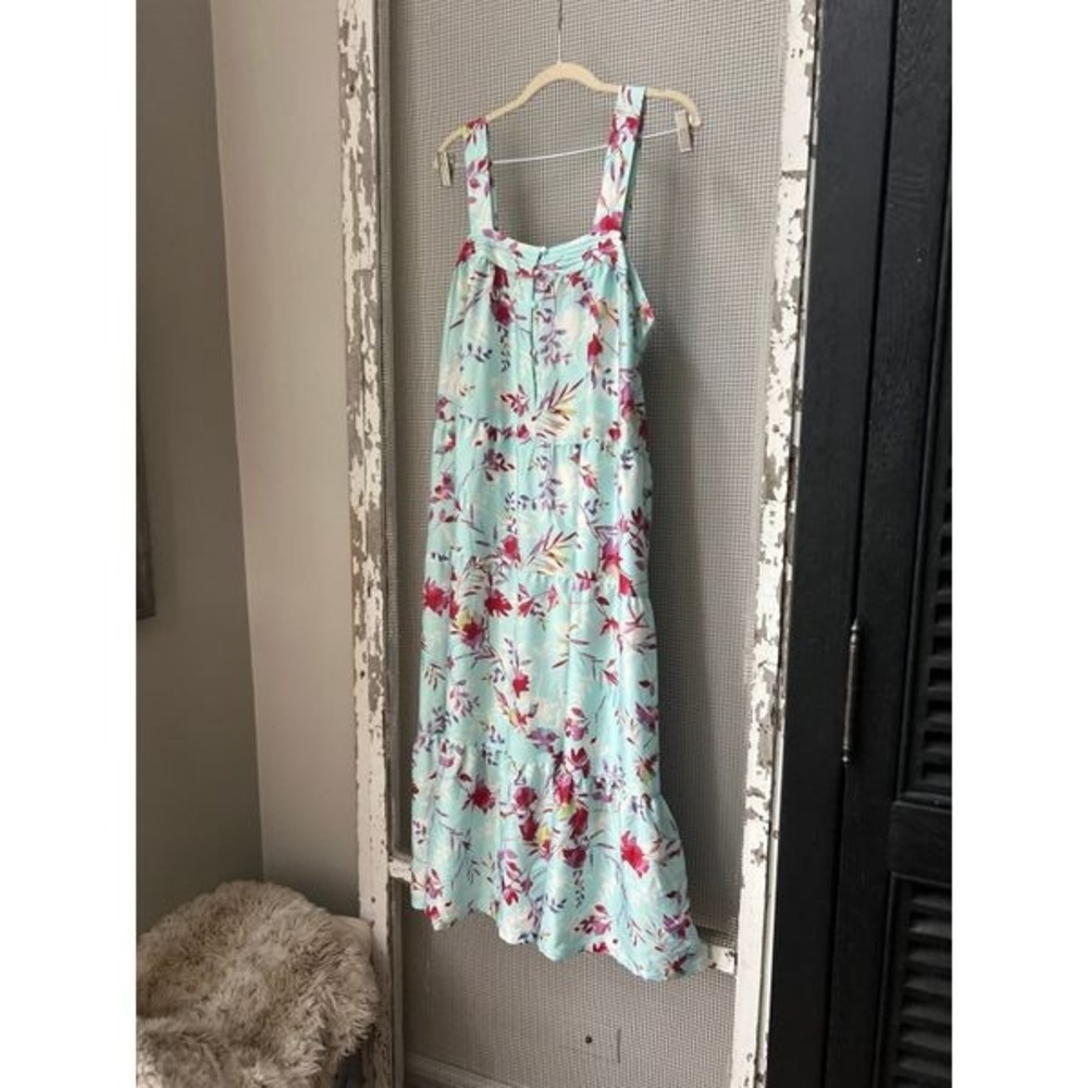 Ophelia Roe Maxi‎ Dress Women XL Floral Print Aqua Blue Tie Belt
